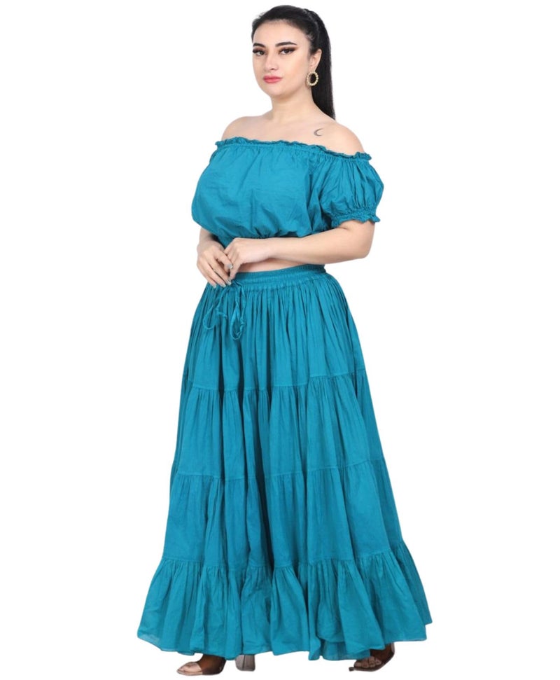WevezÂ® Women's Plus Size Cotton Skirt 25 Yard Long Flowy Solid Color Renaissance fair Skirt (Teal) - Image 3
